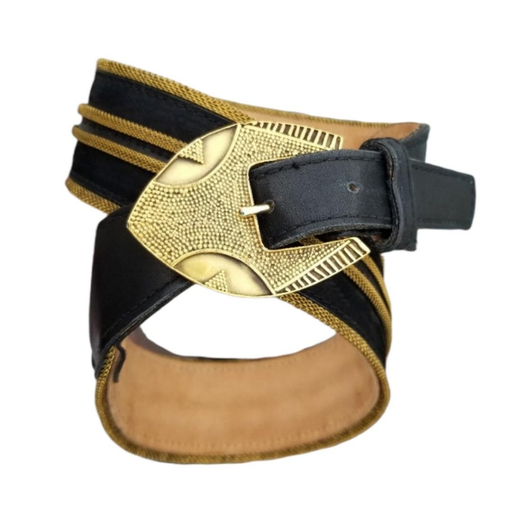 Vintage Gold Mesh Black Suede Statement Belt Tribal Arrow Head Buckle Medium
